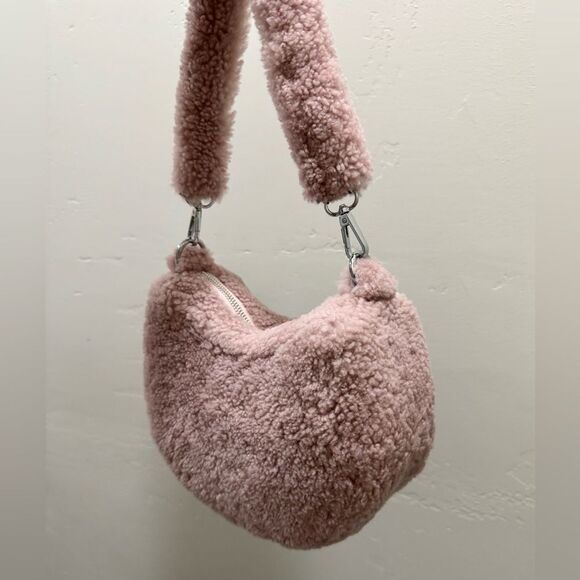 Dusty Rose Real Shearling Leather Half Moon Handbag with 2 Straps & Fur Charm - Picture 14 of 16